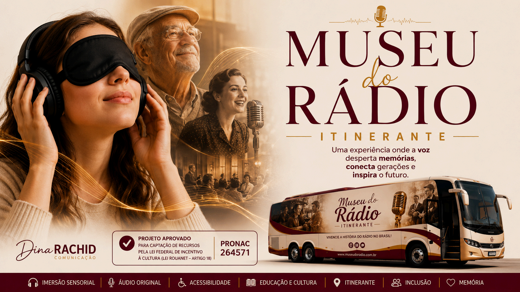 Colagem em tons sépia — locutora, ouvinte com fones e microfone RCA vintage