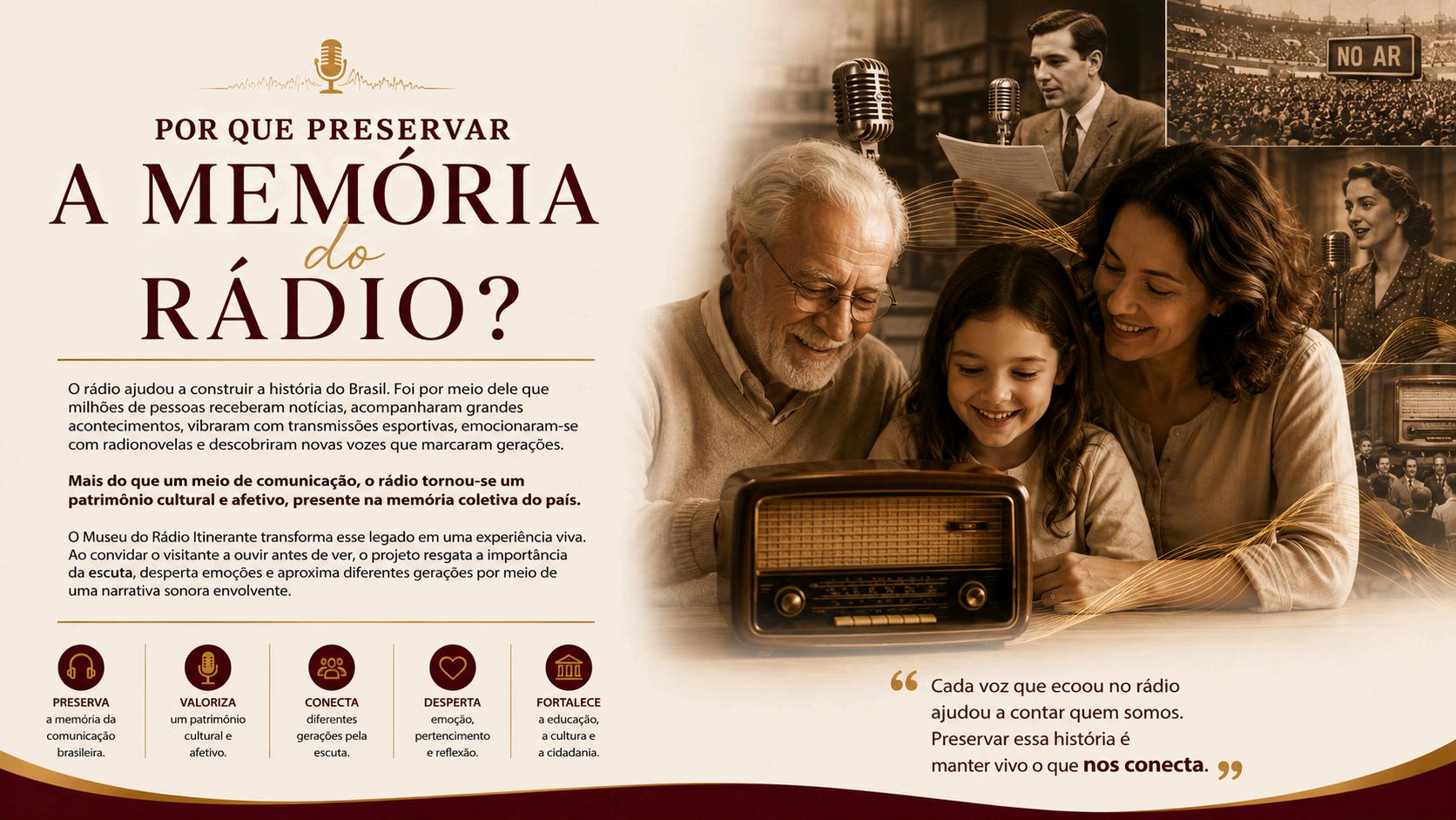 Avô, filha e neta reunidos ao redor de um rádio antigo — memória afetiva que atravessa gerações